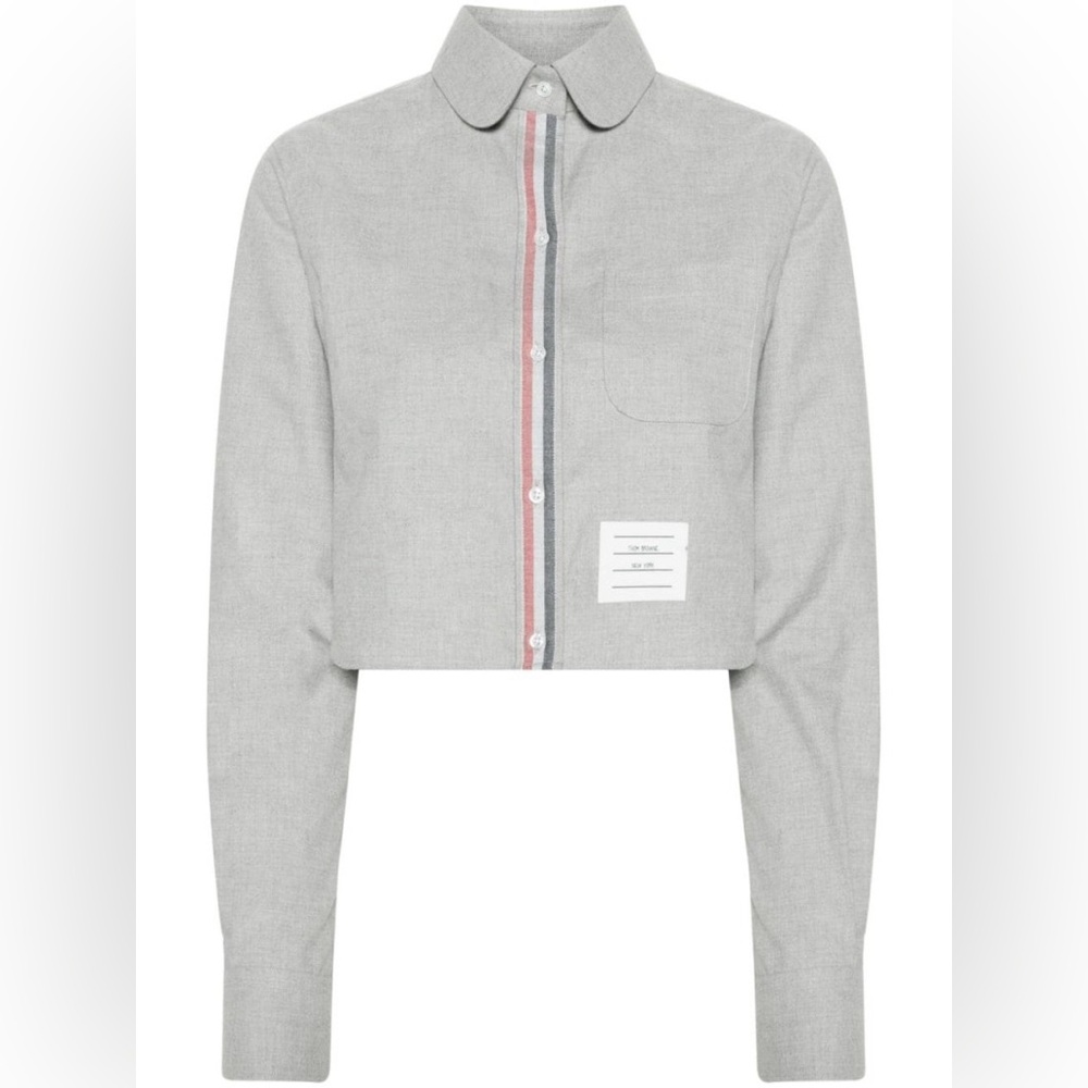 Thom Browne Stripe Gray Flannel Classic Cropped Round Collar Shirt